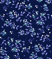 Delicate floral pattern with tiny blossoms on a dark navy background, perfect for adding a touch of spring to your project with this charming repeat