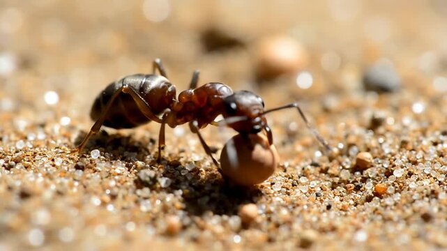 A close-up shot of an ant carrying a seed or small object across sandy ground. The ant is in focus