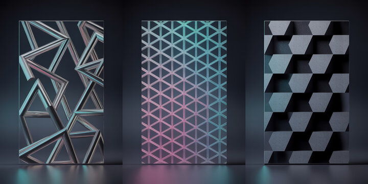 Ultra-detailed 8K abstract geometric triptych, metallic chrome prisms, holographic hexagons, matte concrete lines, futuristic tech design, corporate stock,  photorealistic.