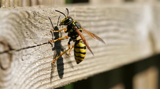 A detailed image of a yellow and black striped insect perched on weathered wood. The sunlight casts its shadow