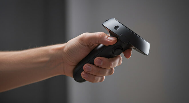 A hand holding a modern virtual reality controller, a device for immersive digital experiences.Concept of virtual reality and futuristic technology. - Powered by Adobe