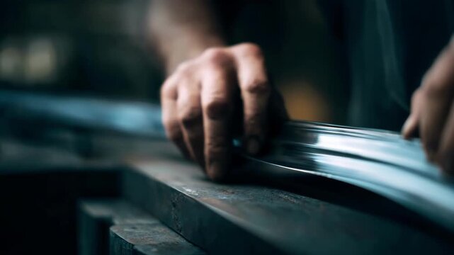 Closeup shot of skilled hands expertly bending metal arcs to create sharp precise curves in industrial profiles showcasing detailed craftsmanship and control.