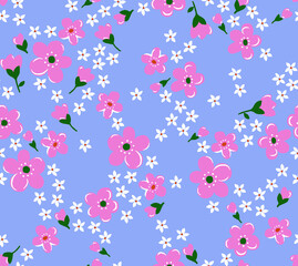 Delicate pink floral pattern on periwinkle blue for a charming feminine design, perfect for spring fashion, textiles, or invitations with a whimsical feel