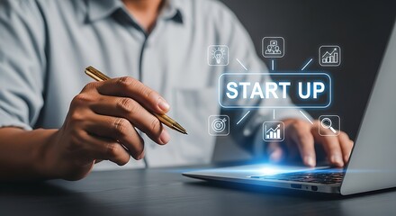 Businessman working on laptop with startup business concept