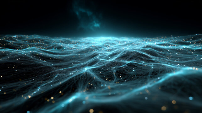 Glowing fiber optic data waves forming a secure digital network over dark cyber landscape