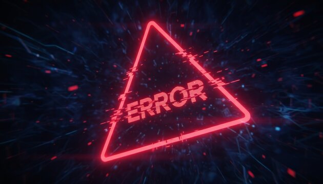 Red neon error warning sign appearing with a digital glitch effect, highlighting technical issues, system failure, cyber security risks, and software malfunction on a dark, abstract data background