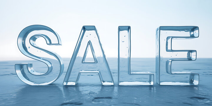 Sale text made of clear ice on a blue icy surface