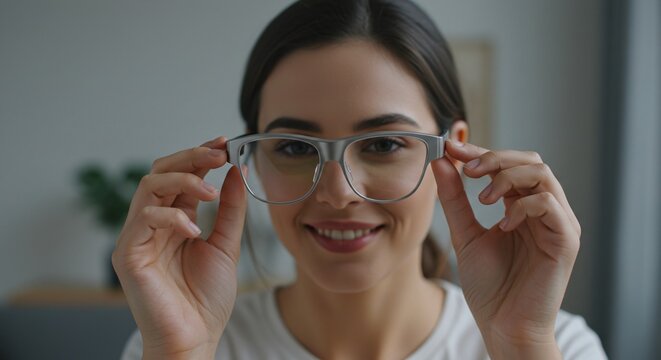 A person's hands holding a pair of smart glasses, a futuristic device for augmented reality.Concept of wearable technology and augmented reality.