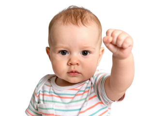 Baby hold up his fist determined to work hard! funny shot in png transparent backgrou