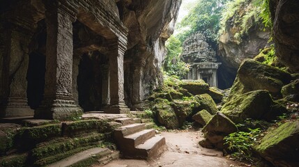 Ancient stone temple entrance amidst lush jungle. The detailed pillars and moss-covered rocks create a mystical atmosphere, whispering tales of time & nature.