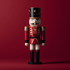 Wooden toy soldier figure on matte red background, classic holiday style 