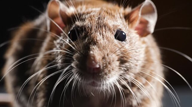 Extreme close-up of brown rat face looking at camera against dark background. Detailed fur and long whiskers create intense wildlife portrait for nature or pest control projects.