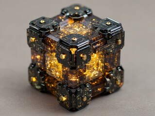 Obraz premium Glowing dark transparent cube featuring intricate internal golden electronic circuit