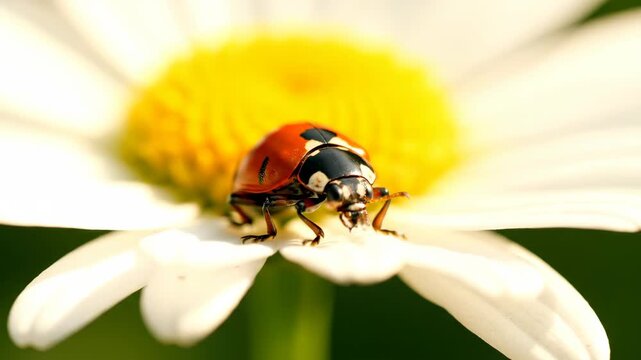 A ladybug crawls on a white daisy with yellow center, showcasing vibrant colors