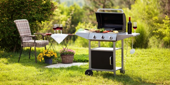 Barbecue grill cooking vegetables and enjoying red wine outdoors - Powered by Adobe