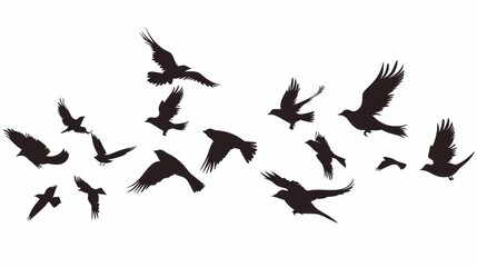 The black silhouettes of flying birds against a white background symbolise freedom, but can also serve as a reminder of climate change affecting migration — the ideal atmospheric backdrop for  