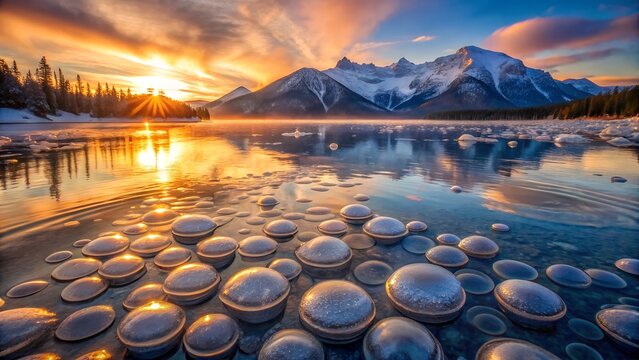 Sunset over frozen lake with ice bubbles
