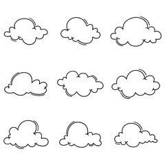 Hand-drawn doodle set of clouds on a white background.