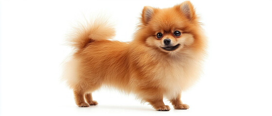 A miniature red Pomeranian with fluffy fur and a friendly smile is ideal for creating an atmospheric backdrop for advertising pet products or family celebrations.