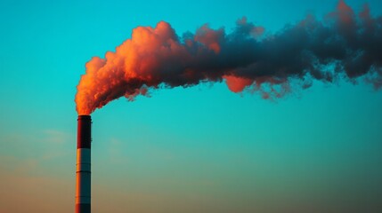 Smoke from a factory chimney against the backdrop of the sunset highlights the environmental crisis, serving as a powerful backdrop for social campaigns on environmental protection.