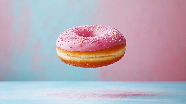 An appetising doughnut with pink icing and multicoloured sprinkles floats above a pastel background, perfect for a bright background for advertising confectionery products. - Powered by Adobe