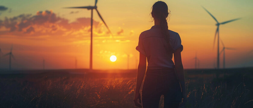 The silhouette of a woman against the backdrop of the sunset and wind turbines conveys the harmony between nature and technology, creating a backdrop for discussing renewable energy. - Powered by Adobe