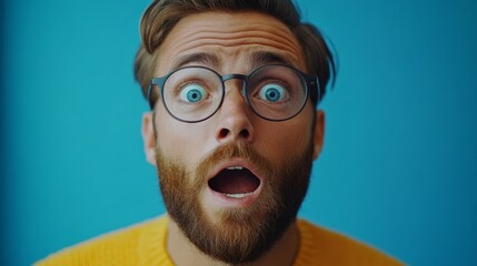 A surprised man wearing glasses with his mouth open expresses extreme amazement, which is perfect for humorous memes and advertising campaigns.