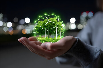 Hand holding a glowing digital sphere featuring wind energy turbines and green nature representing the future of sustainable technology and global connectivity network