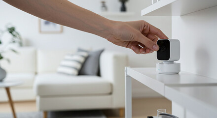 A person adjusts a small indoor smart camera used for home security and monitoring. Concept of an indoor IoT security camera.