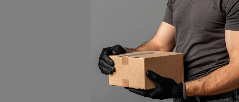A courier wearing gloves carefully holds a cardboard box, symbolising reliable delivery, which is appropriate for the background of advertisements for logistics services or online shops.