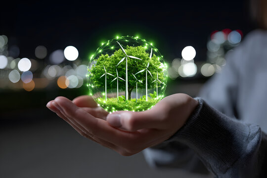 Hand holding a glowing digital sphere featuring wind energy turbines and green nature representing the future of sustainable technology and global connectivity network
