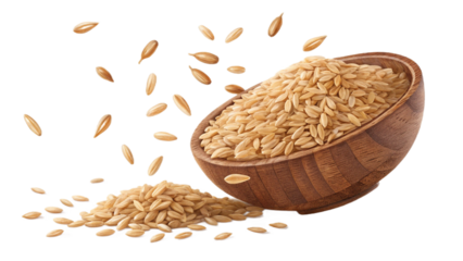 Rustic brown rice falling gently on transparent background.