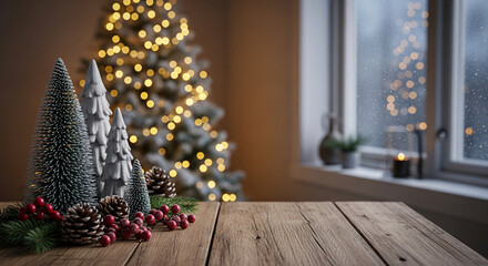 Table with decorative fir, cone, berries, blurred Christmas tree with lights on background, showing festive season, holiday spirit, celebration