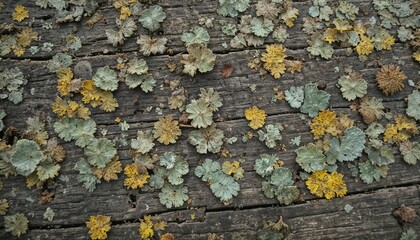 Abstract macro shot of lichen patterns on old park bench wood