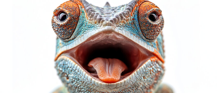 A bright chameleon with an open mouth and expressive eyes demonstrates the uniqueness of nature, suitable for the background in educational materials about wildlife.
