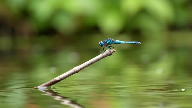 A vibrant blue dragonfly perches delicately on a slender twig, reflecting in the water, soft green background