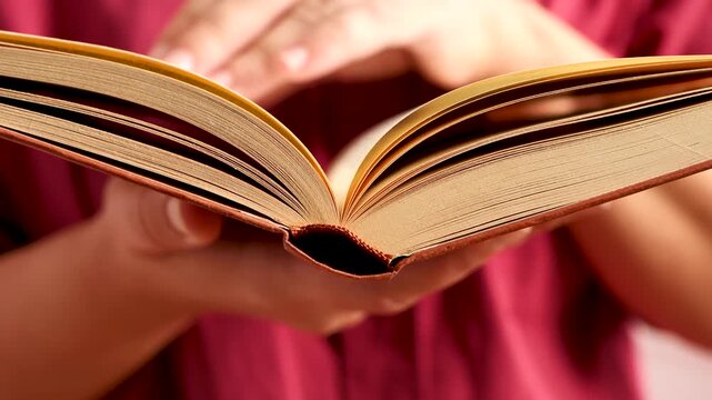 Close-up of hands in red shirt turning pages of old book. creating a nostalgic and intellectual atmosphere. Ideal for education, literature, history and lifestyle projects
