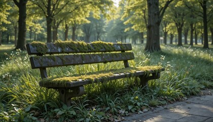 Abandoned or rarely used park bench overtaken by moss and lichen