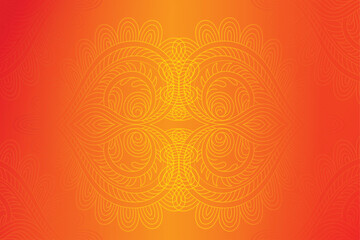 Symmetrical vector illustration ornate decorative scrollwork panel intricate gold line drawing warm orange backdrop