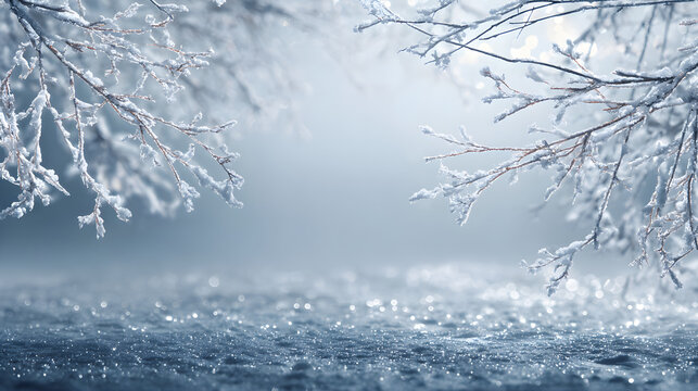 Arctic-inspired white-and-blue winter scene with frosty branches and icy shine, copy area