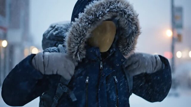 A traveler bundles up in a dark blue, fur-hooded parka and gloves, adjusting their collar while walking through a snowy urban environment with blurred streetlights in the background. The person carri