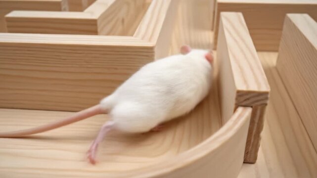 A white mouse navigates a complex wooden maze. This scene illustrates problem solving, intelligence testing and scientific research concepts. Ideal for educational or business visuals.
