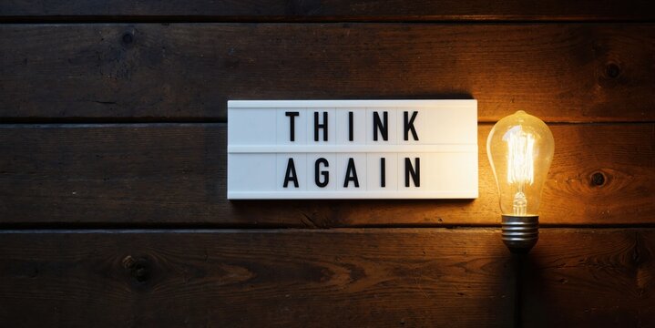 think again - light bulb on wooden wall