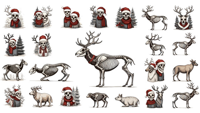 Collection of christmas skeletons and reindeer wearing santa hats - Powered by Adobe