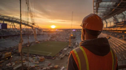 Papier peint photo Marron A construction worker gazes at the stadium under construction as the sun sets in the background. The vibrant colors create a breathtaking scene. The stadium is a testament to progress.  © Oleksandr