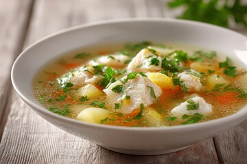 Bowl of Zupa Rybna with fish, vegetables, broth on rustic wooden table. Concept of warmth, inviting atmosphere, showcasing traditional Polish fish soup, broth, vegetables.