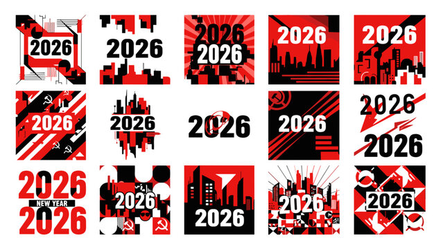Collection of 2026 year graphic designs with cityscape and abstract elements
