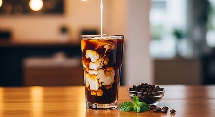 Cream swirls into iced coffee, with beans and mint nearby.