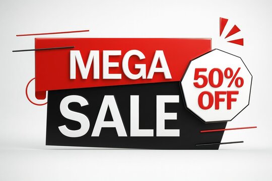 Bold mega sale announcement with 50 percent off discount offer on red and black background with dynamic elements
