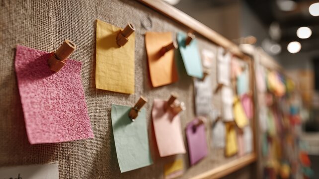 Colorful Sticky Notes on Corkboard in Modern Workspace